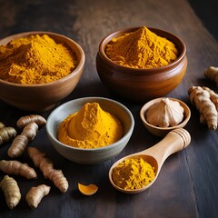 Turmeric Powder, Roots, and Garlic on Dark Wooden Background