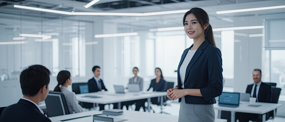 Business presentation in a modern office with a confident woman addressing her colleagues during a meeting