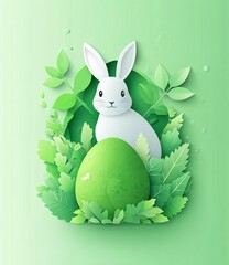 An artistic 3D paper cut illustration of an Easter rabbit family, complete with colorful paper art, grass, flowers, and a green egg shape