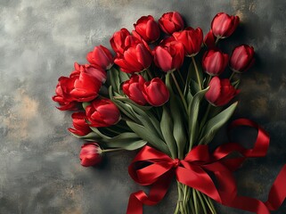 Red tulips with a red ribbon, standing alone on a concrete backdrop. Marking Victory Day or Fatherland Defender Day