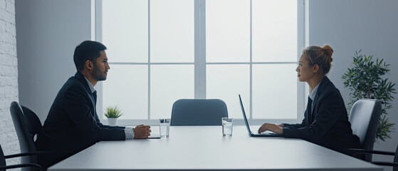 Job interview in a modern office setting with two professionals facing each other