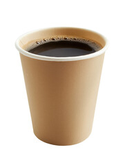 Disposable paper coffee cup filled with fresh hot coffee on transparent background
