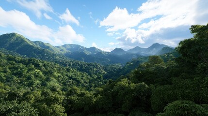 Obraz premium Lush green mountains under a bright blue sky with scattered clouds.