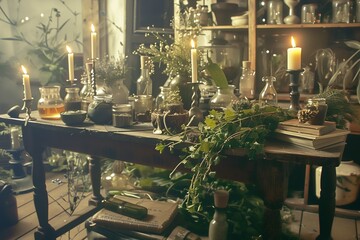 witchcraft green witch witchs altar grimoires book of shadows potions herbs candles dried flowers natural elements smoke witchy vibes wood table 
