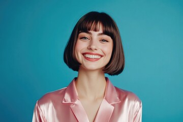 Fototapeta premium A woman wearing a pink shirt smiles directly at the camera, conveying friendliness and approachability