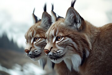 Fototapeta premium Two lynxes standing together, gazing out into the distance