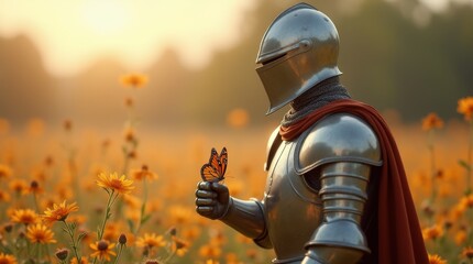 Knight in Shining Armor Holding a Butterfly in a Sunlit Wildflower Field