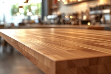 A wooden table in a cozy restaurant setting with a blurred out background