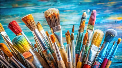 Fototapeta premium Close-up of paintbrushes against a vibrant blue backdrop. Artistic supplies photography showcasing a diverse brush set.