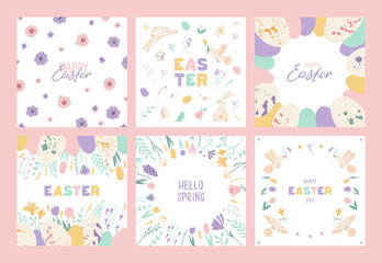 Fototapeta premium Collection Easter square posters with bunny, bird, eggs and spring flowers. Set holiday covers, posters, banners, greeting cards with lettering. Vector illustration