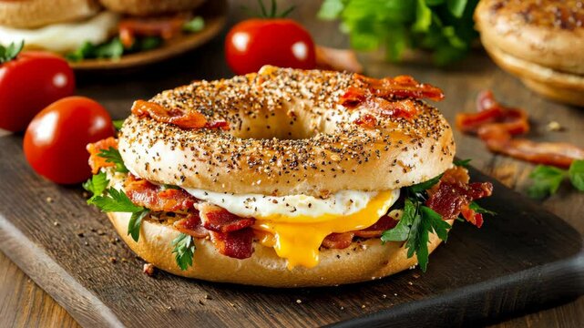 Delicious breakfast bagel with crispy bacon, egg, and fresh ingredients served on a rustic wooden board