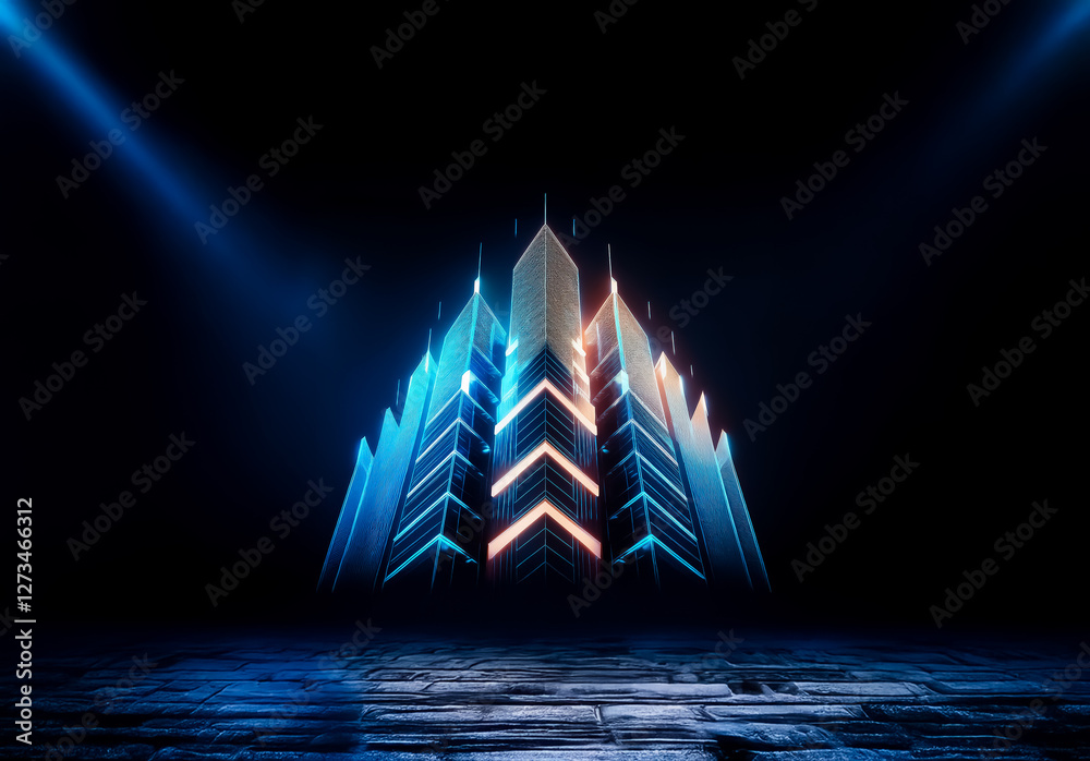 Poster shenzhen, china - unknown date : futuristic geometric structure with blue and orange neon lights sta