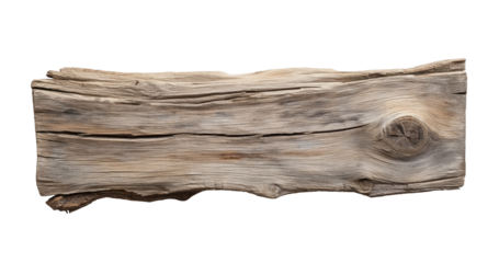 Old weathered wooden plank with knots on transparent background