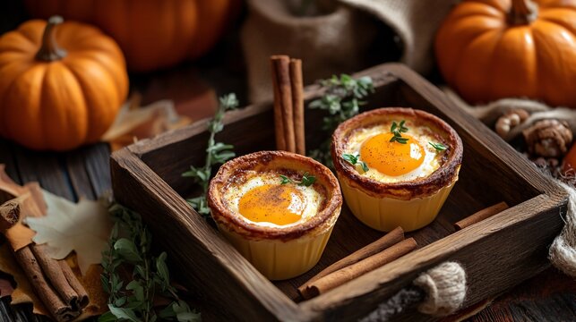 A cozy autumn breakfast scene with cheesy baked egg cups, cinnamon sticks, and pumpkin decorations on a rustic wooden tray
