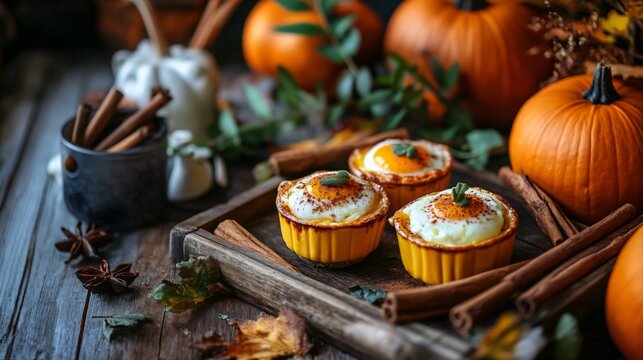 A cozy autumn breakfast scene with cheesy baked egg cups, cinnamon sticks, and pumpkin decorations on a rustic wooden tray - Powered by Adobe