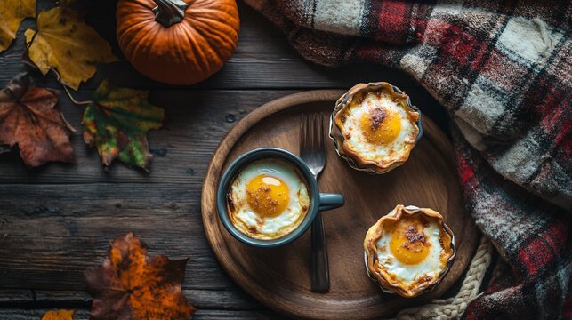 A cozy autumn breakfast scene with cheesy baked egg cups, cinnamon sticks, and pumpkin decorations on a rustic wooden tray