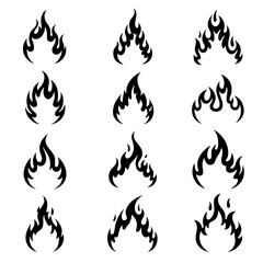 Fiery Element: A set of twelve stylized fire icons with dynamic shapes, perfect for design and symbolism, representing energy and destruction.