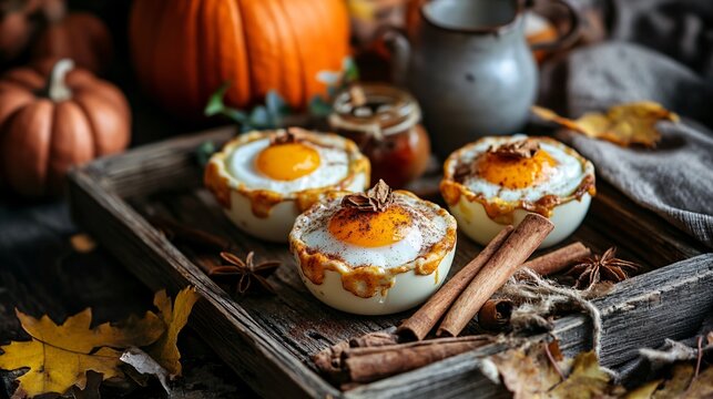 A cozy autumn breakfast scene with cheesy baked egg cups, cinnamon sticks, and pumpkin decorations on a rustic wooden tray