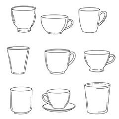 Drinkware Collection: A simple, elegant line drawing of a variety of drinkware, perfect for illustrating beverage choices and enhancing design projects.