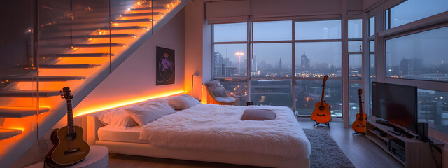 Fototapeta premium A modern and minimalist small bedroom with a double bed, a white sofa in the foreground 