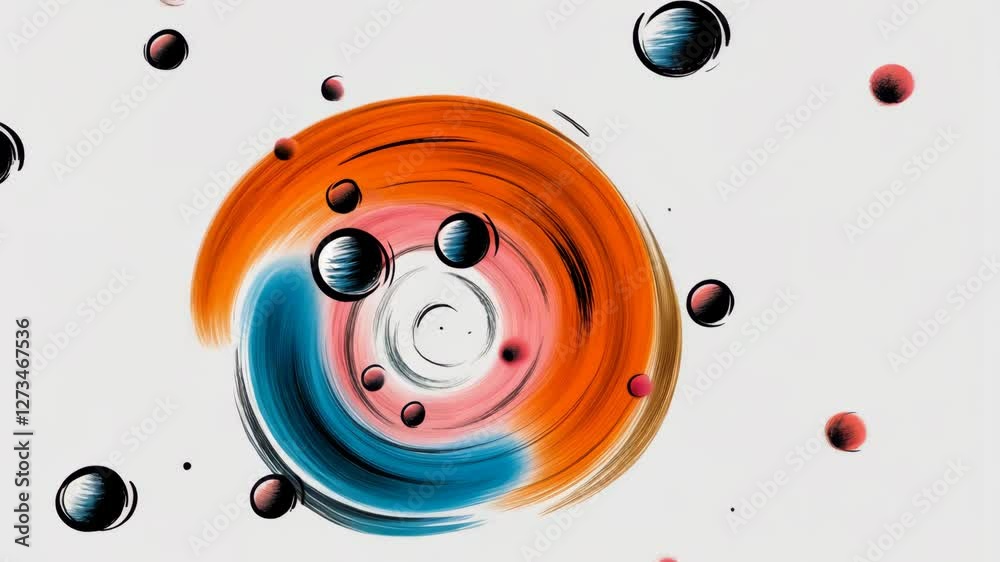 Poster a painting with blue, red, and orange lines and circles. the circles are of different sizes and colo