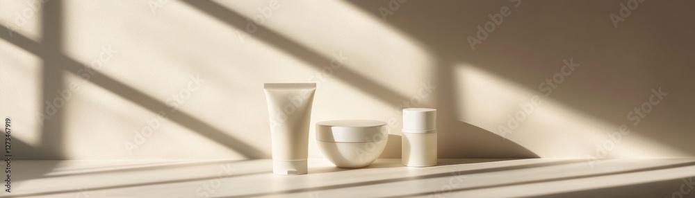 Poster White cosmetic products arranged on a surface with shadow patterns