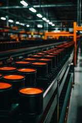 Obraz premium Containers moving on assembly line in factory, automated manufacturing process