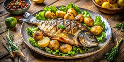 Crisp lines, stark light define a plate of fish, potatoes, and lettuce; a still life in architectural style.