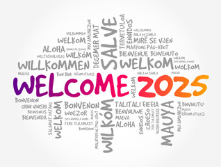WELCOME 2025 word cloud in different languages, conceptual background