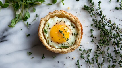 A deconstructed view of a cheesy baked egg cup cheese, eggs, herbs, and pastry shell artfully arranged on a minimalist surface