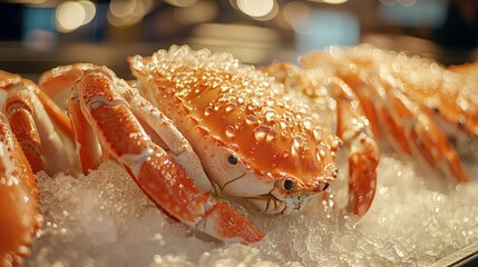 Fresh crabs displayed on ice, ready for sale in a seafood market.