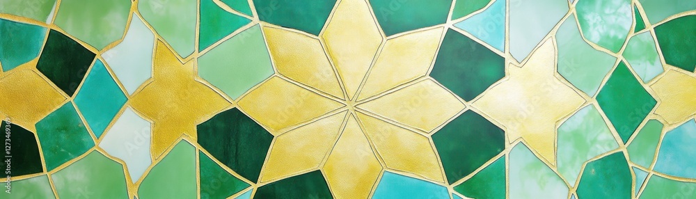 Poster geometric pattern features stars and polygons in shades of green