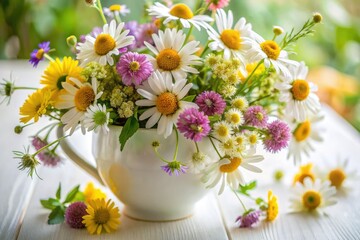 Delicate daisies, trefoil, clover, and buttercups bloom in a white vase, captured in macro detail.