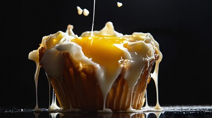 A dramatic high-speed shot capturing melted cheese dripping from a freshly baked egg cup, against a black background