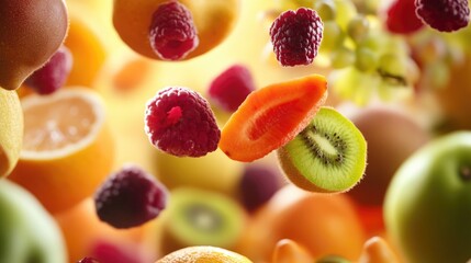 A colorful array of fresh fruit such as strawberries, blueberries, and grapes suspended in mid-air