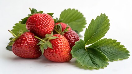 Fresh Strawberries with Leaves on White Background
