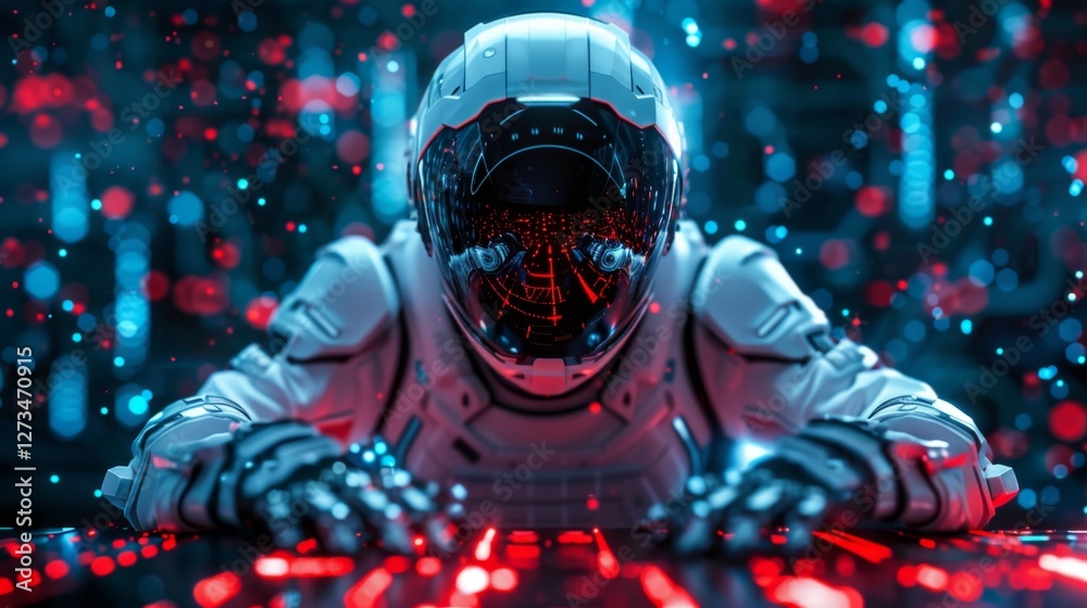 Poster exploring the intersection of ai and cyber technologies in a futuristic environment