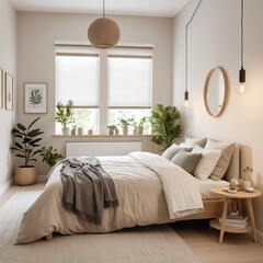 Fototapeta premium Cozy Beige Bedroom Interior Design with Plants
