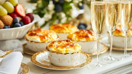 A gourmet brunch table featuring cheesy baked egg cups served in gold-rimmed porcelain dishes, paired with fresh fruit and champagne flutes