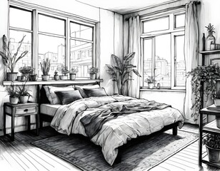 Sketch of Cozy Bedroom with City View