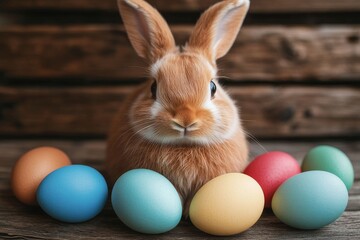 A wooden surface featuring bright Easter eggs and a handmade Easter bunny