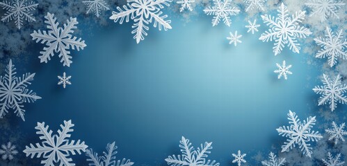 A serene winter background featuring delicate snowflakes on a soft blue backdrop, perfect for holiday-themed designs and seasonal promotions.