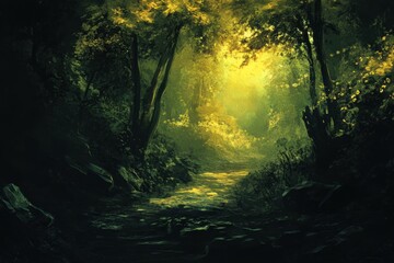 Obraz premium Mysterious forest path bathed in golden light.
