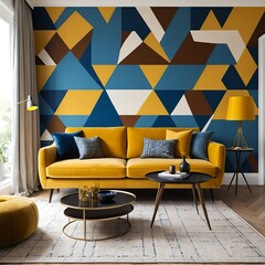 Mustard Yellow Velvet Sofa in Modern Living Room with Geometric Wallpaper