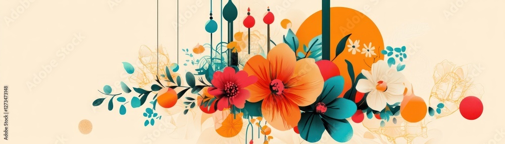 Poster abstract floral composition with circles on a light background