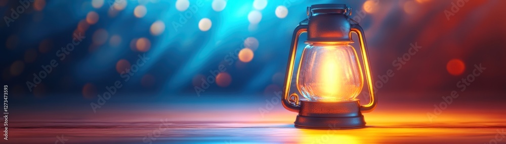 Poster An illuminated vintage lantern stands against a bokeh background