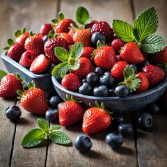 Obraz premium Fresh Berries and Mint in Rustic Bowl