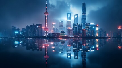 Fototapeta premium Night cityscape with skyscrapers and river reflection.