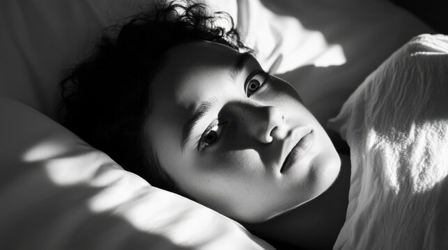 Withdrawal symptoms cause insomnia. A person lying in bed, wide awake, staring at the ceiling