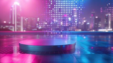 Futuristic neon podium with pink and blue lights on geometric grid against blurred cityscape background